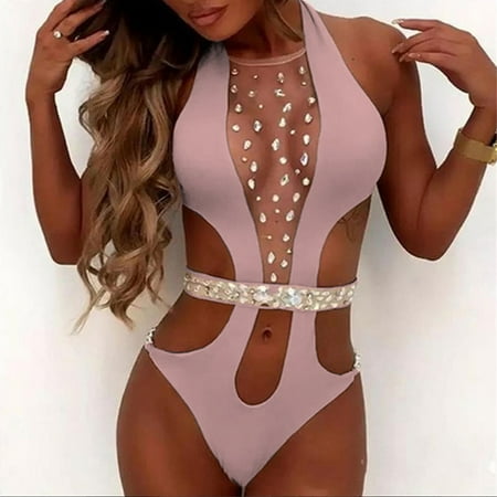 on Sale Womens Bathing Suits Womens One Piece Bathing Suit HIMIWAY Women Sexy One -Piece Swimsuit Handmade Crystal Rhinestone Halter Cut Out Bathing Suit Pink L