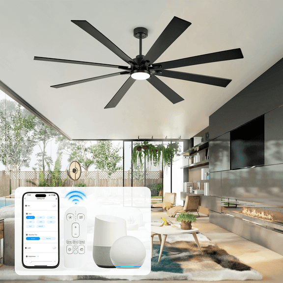 72 inch Smart Outdoor Ceiling Fans for Patios with Light, Large Industrial Alexa/Remote Conrol, 5CCT Dimmable Quiet DC Motor, 8 Blade High CFM Modern Black Indoor Outdoor Fan