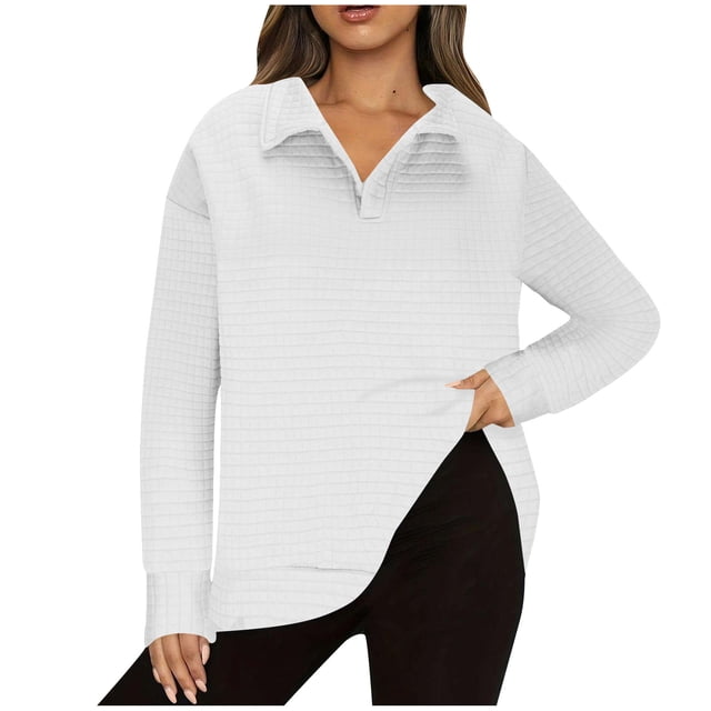 Timegard Tops for Women Lapel V Neck Drop Shoulder Blouse Fall Casual Solid Color Long Sleeve Tops
