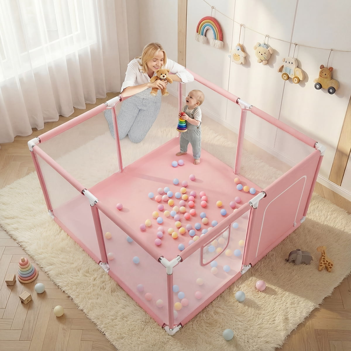 Baby Playpen, Outdoor Play Yard, Portable Play Yard 4-Panel- Baby Foldable Safety Playpen for Infant Toddler,Pink