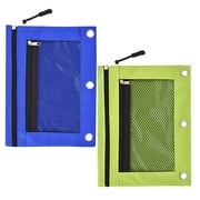 3 Ring Binder Pencil Pouchs, Zippered Pencil P9ouch Double Pocket Pencil Pouch 3 Ring with Clear Window (Blue&Green 2pack)