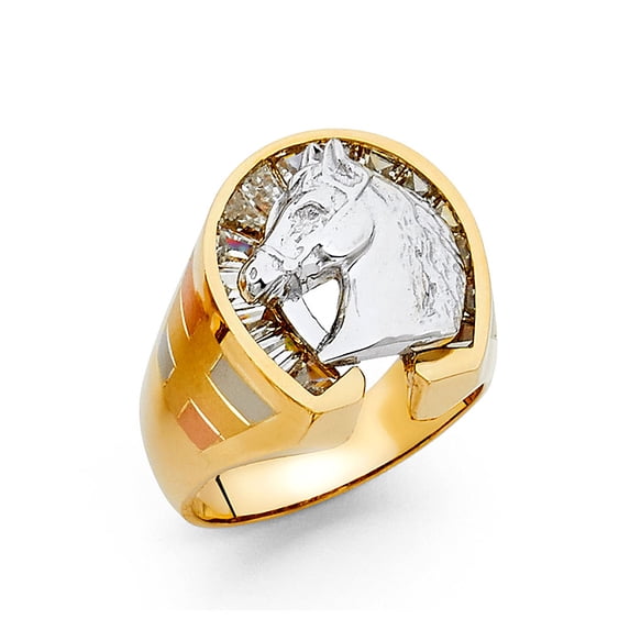 Solid 14k Yellow and White Gold Two-Tone Cubic Zirconia CZ Lucky Horse Shoe Mens Fashion Anniversary Ring Size 9.5