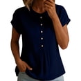 thumbnail image 2 of VBVC Women's Peter Pan Collar Short Sleeve Blouse, Ladies' Button Down Breathable Casual Top, Solid Color Loose Fit Work Shirt For Women,Navy,S-2XL, 2 of 7