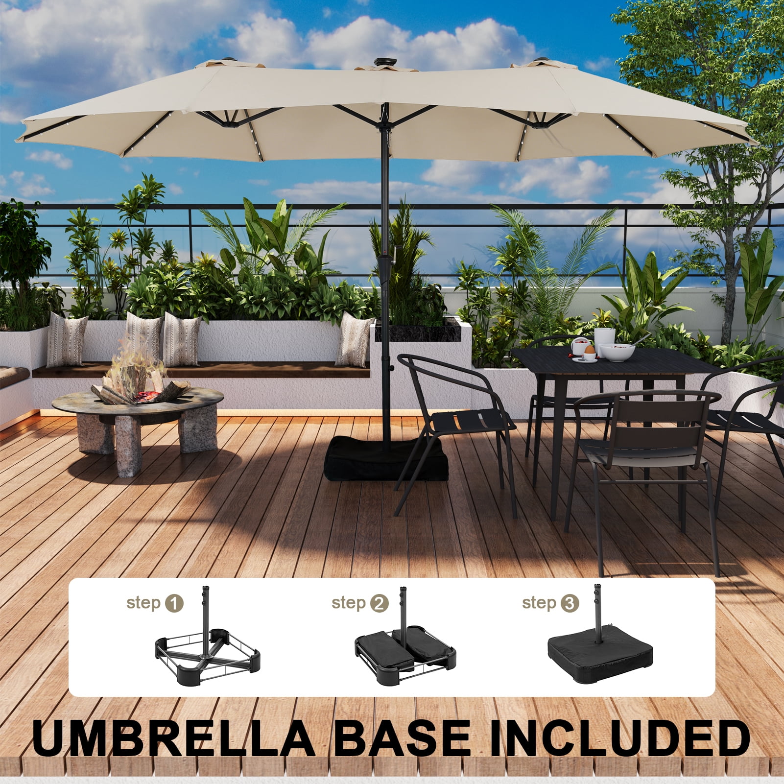 Ainfox 15ft Large Patio Umbrella with Solar Lights, Double-Sided Outdoor Rectangle Table Umbrellas with Sand Bag Base，Beige