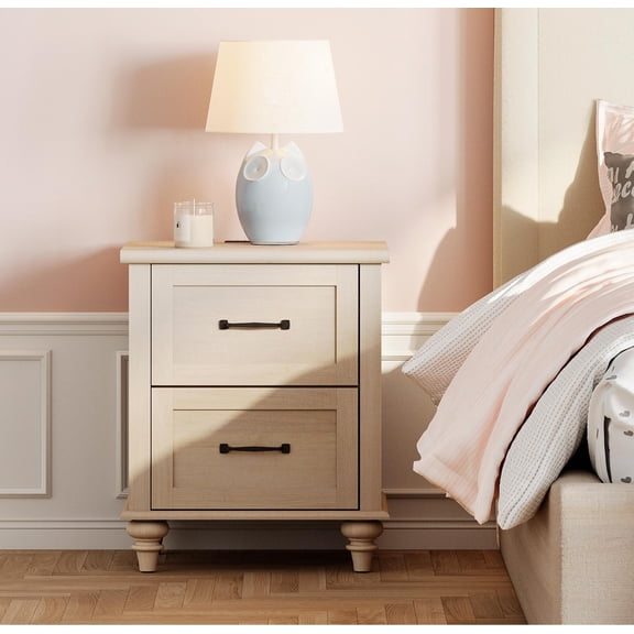 End Table with Charging Station, 2-Drawer Nightstand for Bedroom, Elegant Side Table for Living Room, Dorm, Beige