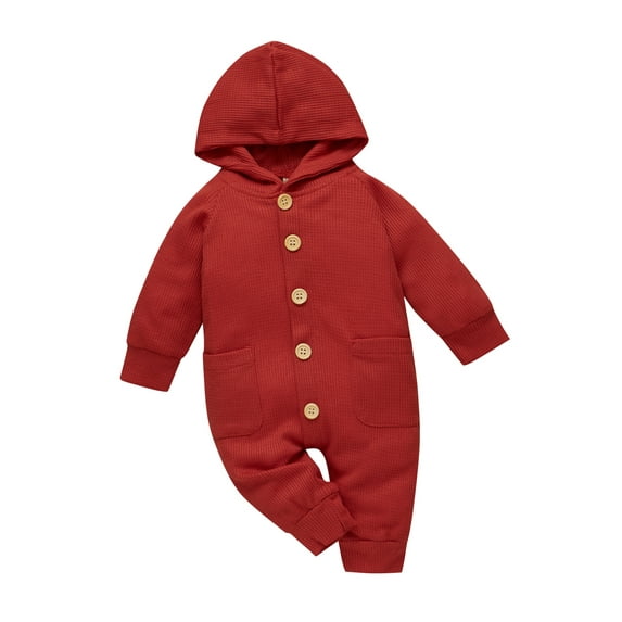 Qiylii Baby Solid Color Jumpsuit, Button-down Hooded Long Sleeve Romper