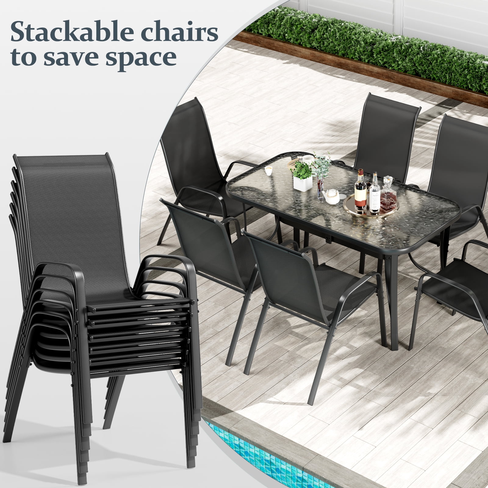Pirecart Patio Dining set, Outdoor Furniture Set of 7 with Widened Table and Umbrella Hole, All Weather Patio Dinng Set for Garden, Backyard, Poolside, Black
