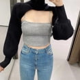thumbnail image 4 of Jersey de punto de manga larga con cuello la moda para mujer, Top corto con cuello Halter Negro Yuyangstore Tops de suéter de punto jersey, 4 of 6