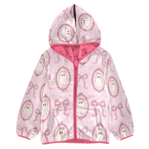 BZSMCE Double-Sided Sherpa Fleece Hooded Zipper Jacket Pink Bow Ghost Print Warm Outerwear