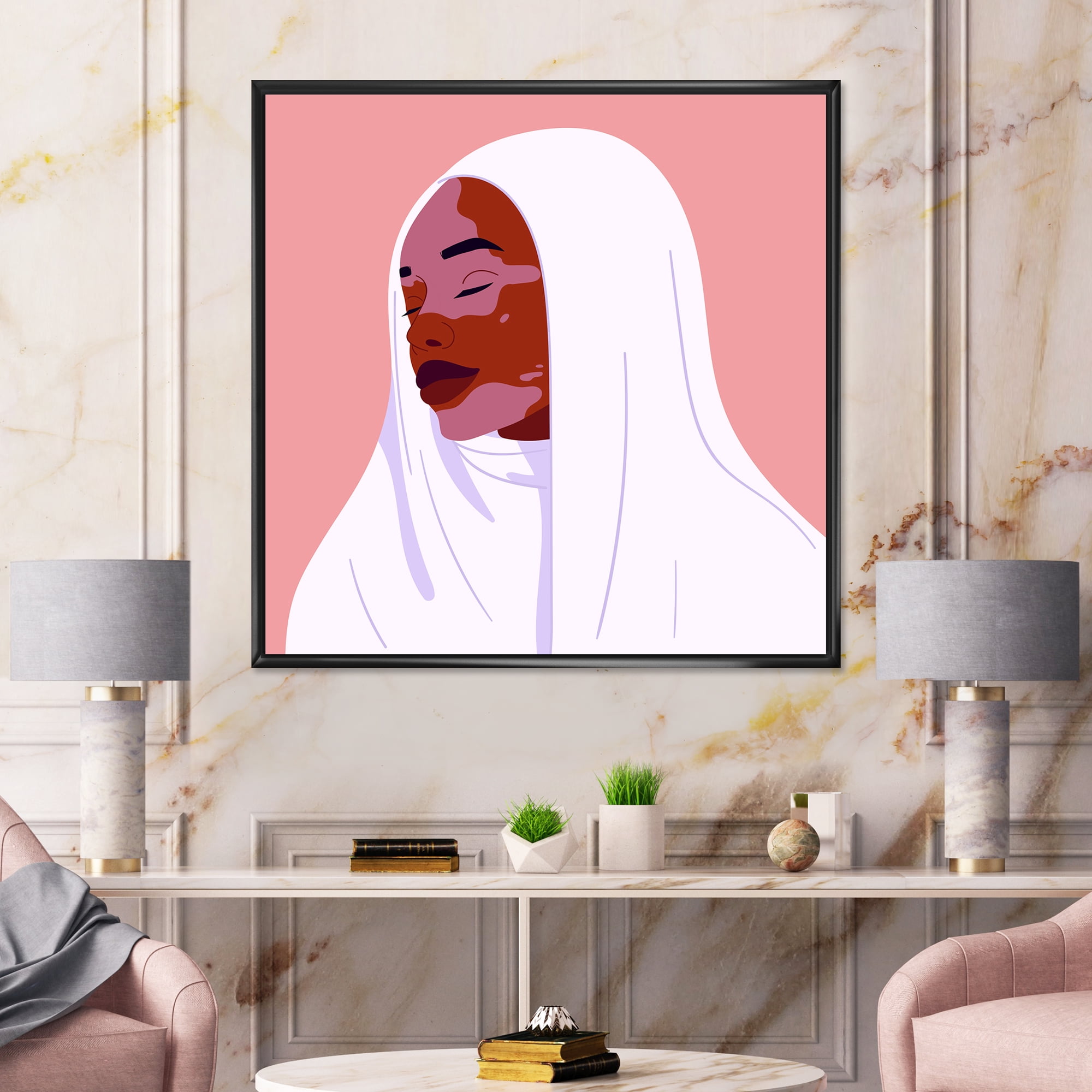 Designart 'Beautiful Abstract Smiling Afro African Woman With VItiligo' Moroccan Framed Canvas Wall Art Print