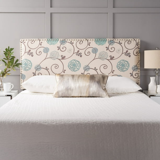 Noble House Everley Fabric Queen/ Full Headboard, White and Blue Floral ...