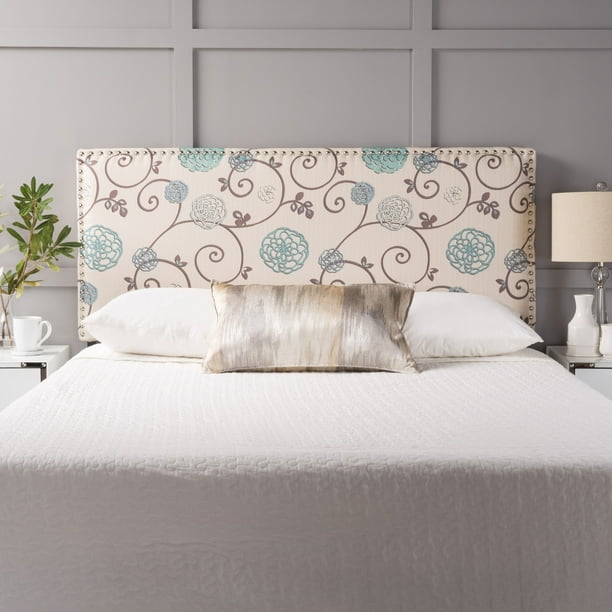 Noble House Everley Fabric Queen/ Full Headboard, White and Blue Floral