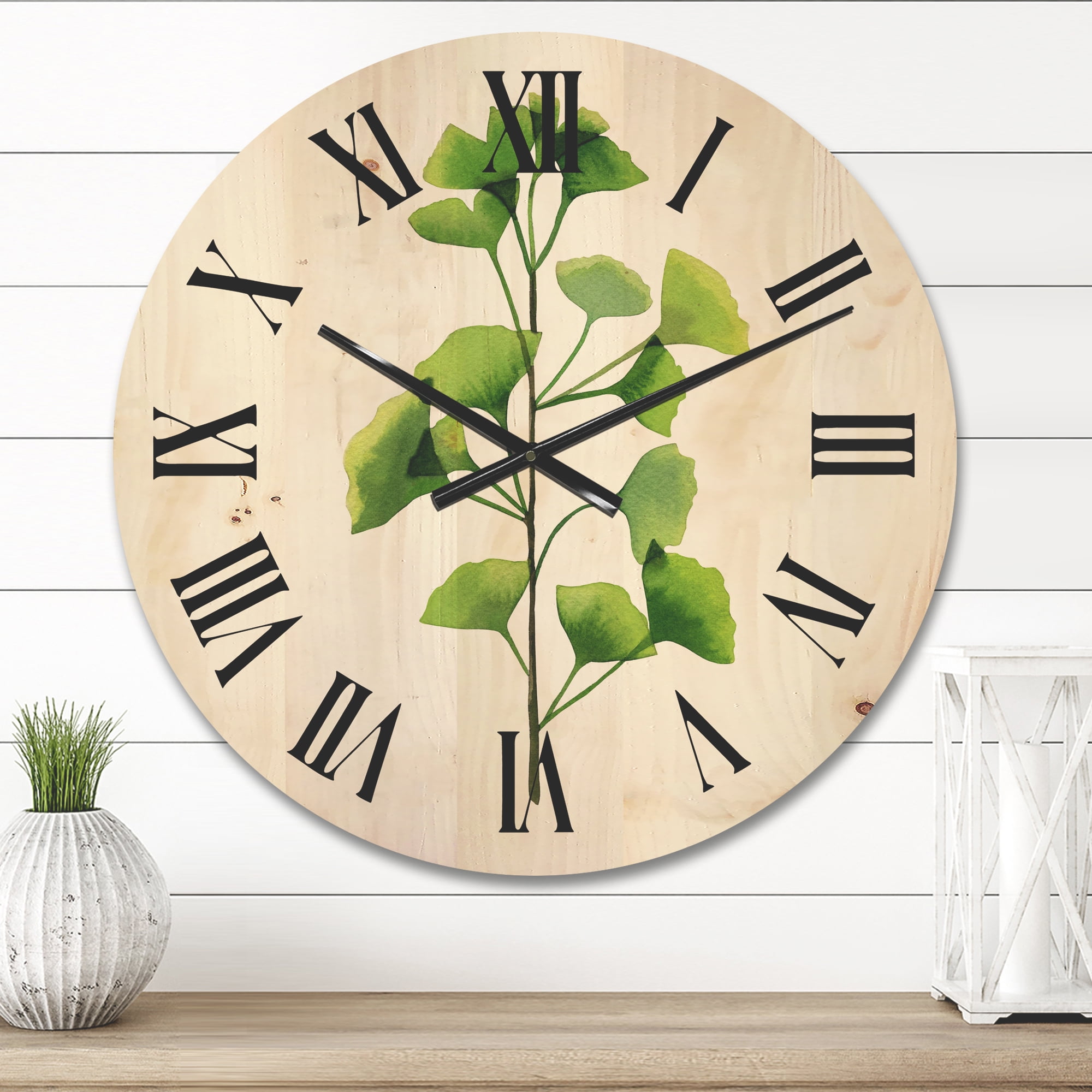 Designart 'Green Field Plant Foliage Branch' Farmhouse Wood Wall Clock