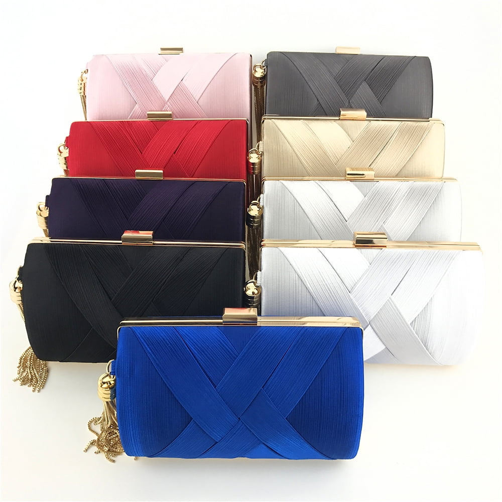 Handheld Women's Evening Clutch Bags Silk Satin Party Handbags Bridal Wedding Purses with Tassel Pendant,Dark Blue