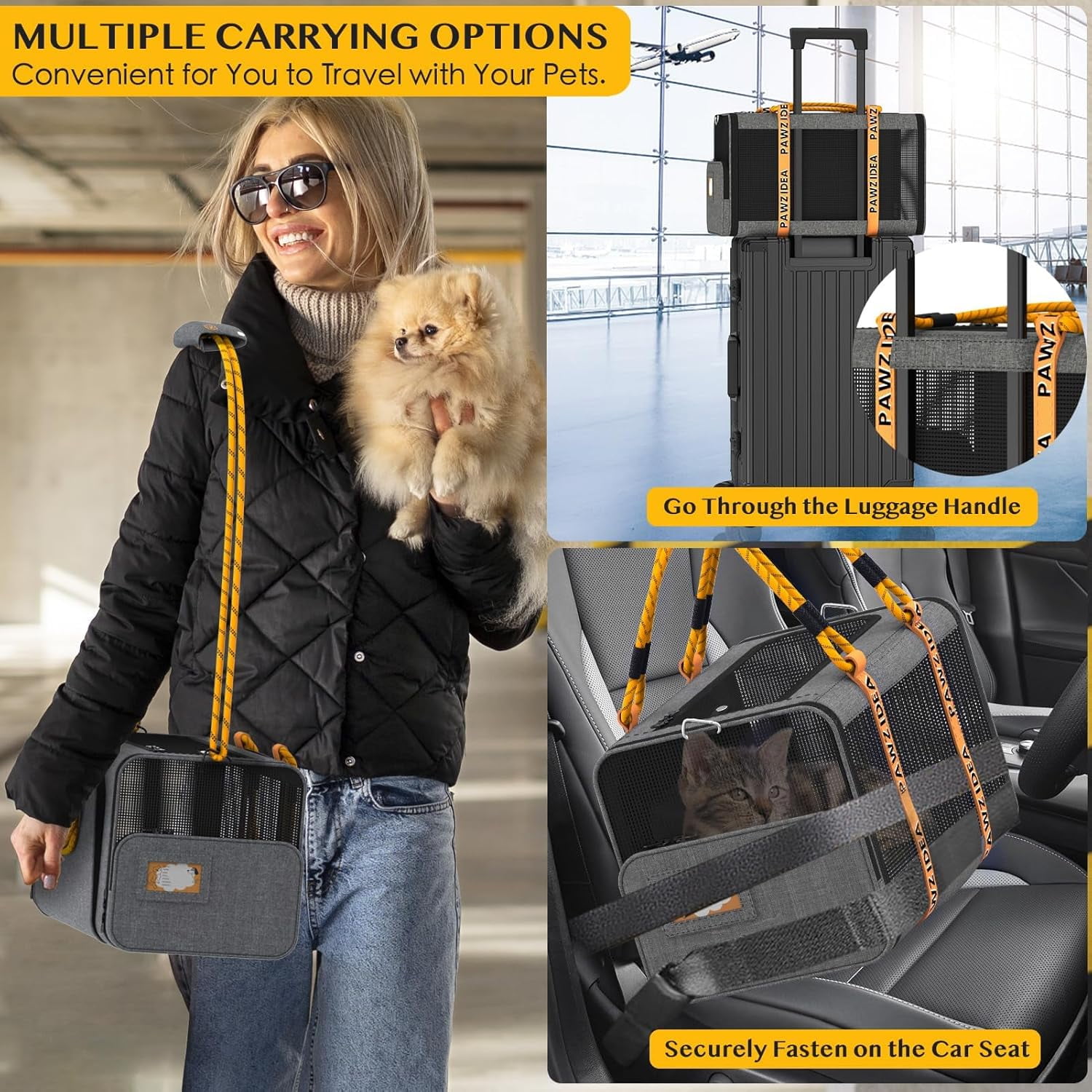 PAWZIDEA Expandable Cat Carrier w/ID Card, 18X11X11 TSA Airline Approved Pet Carrier for 2 Cats Under Seat, Soft-Sided Collapsible Small Dog Carrier Car Seat Travel Bag, Shoulder Strap as Dog Leash