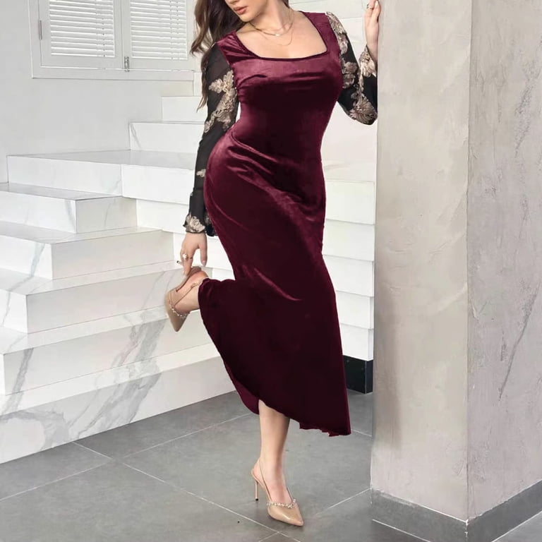 AURA Bodycon Dress Long Sleeve U Neck Wine Red Elegant Party Dress Plus Size 0XL 4XL