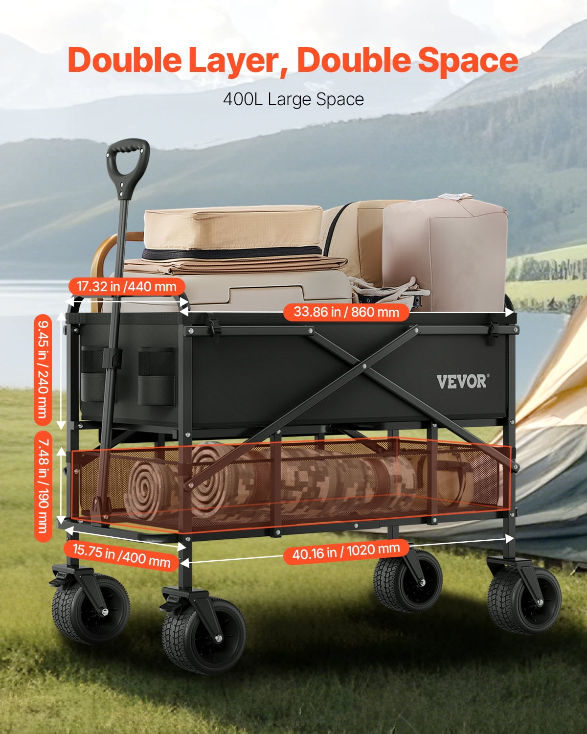 VEVOR Double Decker Wagon Collapsible, 400L Heavy Duty Folding Wagon Cart, Extended Long Garden Cart with All-Terrain Wheels, Support Up to 450lbs, Outdoor Utility Wagon for Camping, Sports
