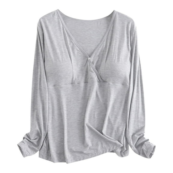 T Shirt Built-in Padded Bra Soft Pajama Tops Long Sleeve Shirts V Neck Shirts Fall Clothes Outfits Gray L