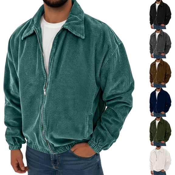 Josdec Men's Lapel Full Zip Corduroy Bomber Jacket, Elastic Cuffs Casual Outerwear Solid Color for Street Daily S‑2XL