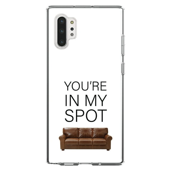 DistinctInk Clear Shockproof Hybrid Case for Galaxy Note 10 PLUS (6.8" Screen) - TPU Bumper, Acrylic Back, Tempered Glass Screen Protector - Brown Couch "You're in My Spot"