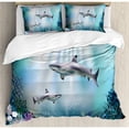thumbnail image 3 of Underwater Twin Size Duvet Cover Set, Realistic Illustration Wild Sharks and Plants Corals Seaweed Aquatic Ocean Life, Decorative 2 Piece Bedding Set with 1 Pillow Sham, Multicolor, by Ambesonne, 3 of 3