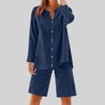 thumbnail image 2 of UAMVSH Women Button down Two Piece Sets Plus Size Cotton Linen Long Sleeve Shirts and Drawstring Bermuda Shorts Beach Outfits(4X-Large,Navy 1), 2 of 7