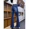 thumbnail image 7 of Women's High Waisted Straight Leg Jeans Distressed Dark Blue Denim Cuffed Casual Pants, 7 of 7
