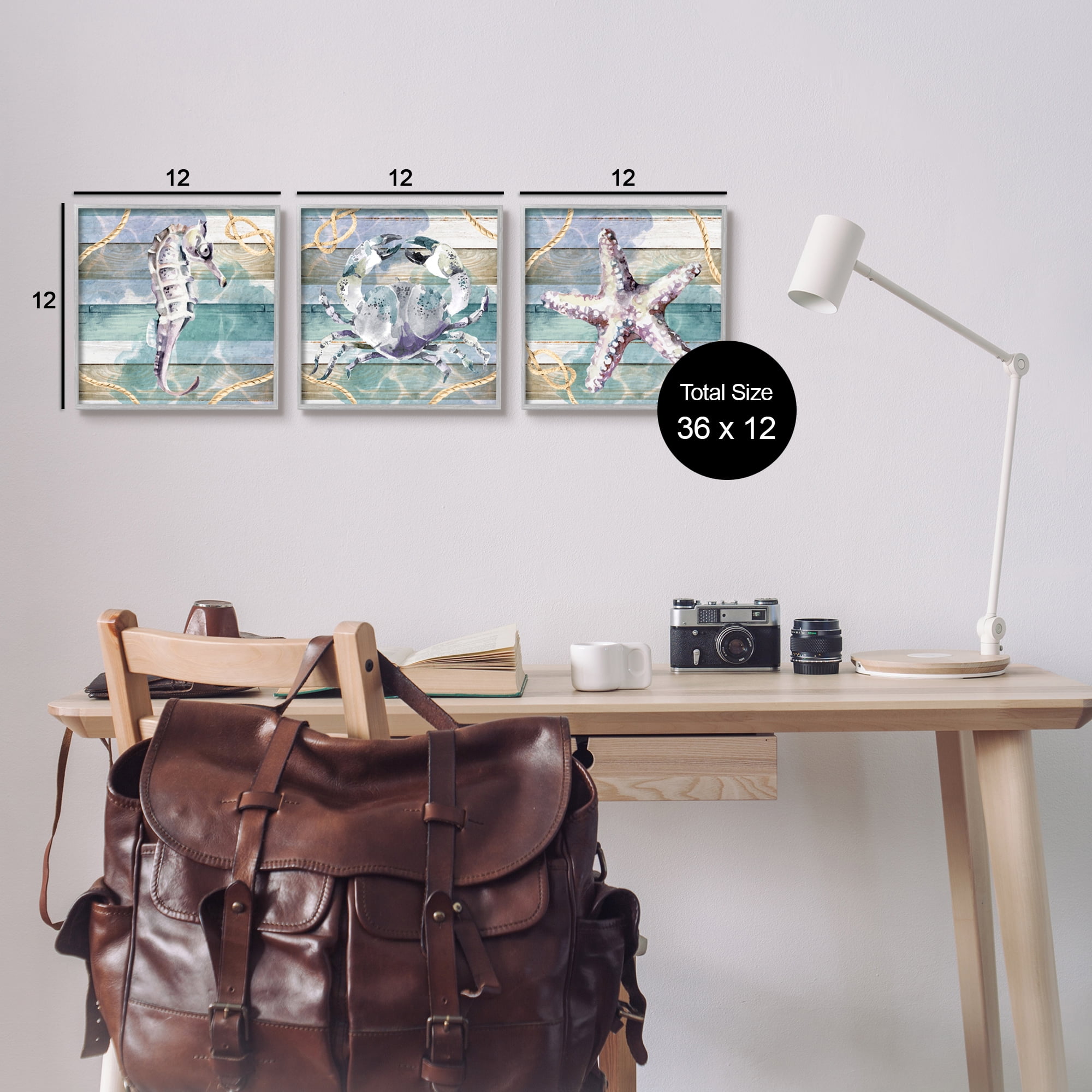 Stupell Industries Sea Life Plank Pattern Animals & Insects Painting Gray Framed Art Print Wall Art, 12 x 12, Set of 3