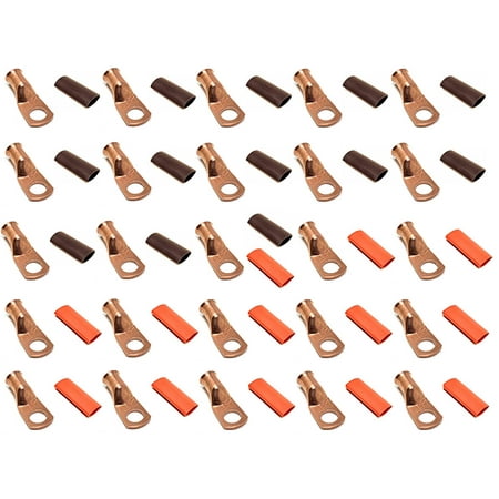 25pcs 2 AWG x 3/8" Pure Copper UL Listed Cable Lug Terminal Ring Connectors with Dual Wall Adhesive Lined Red + Black Heat Shrink Tubing