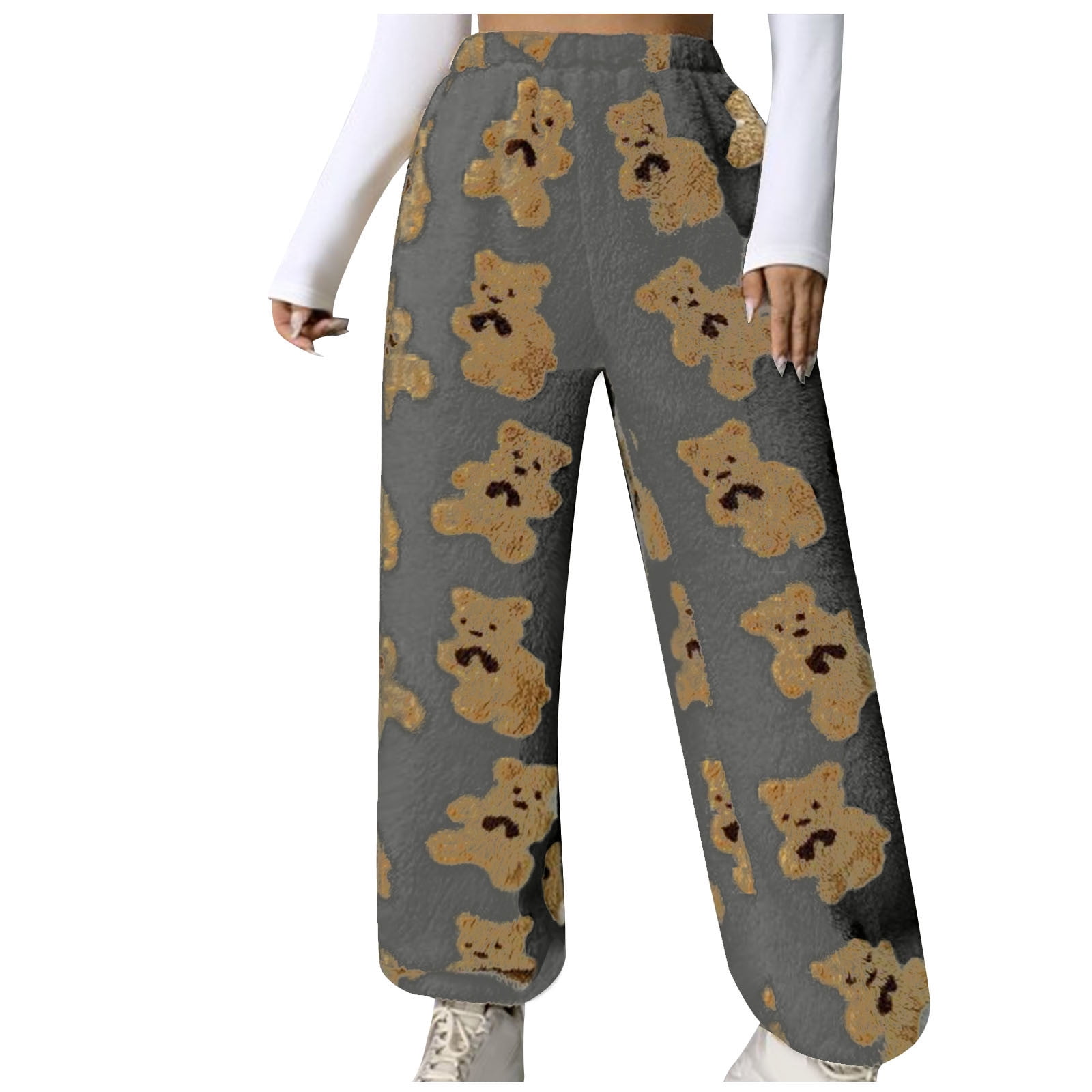 DeHolifer Womens Pants Teddy Bear Printing Fuzzy Baggy Lounge Sherpa  Sweatpants Soft Fleece Warm Winter Causal Full Length Pants Brown XL 