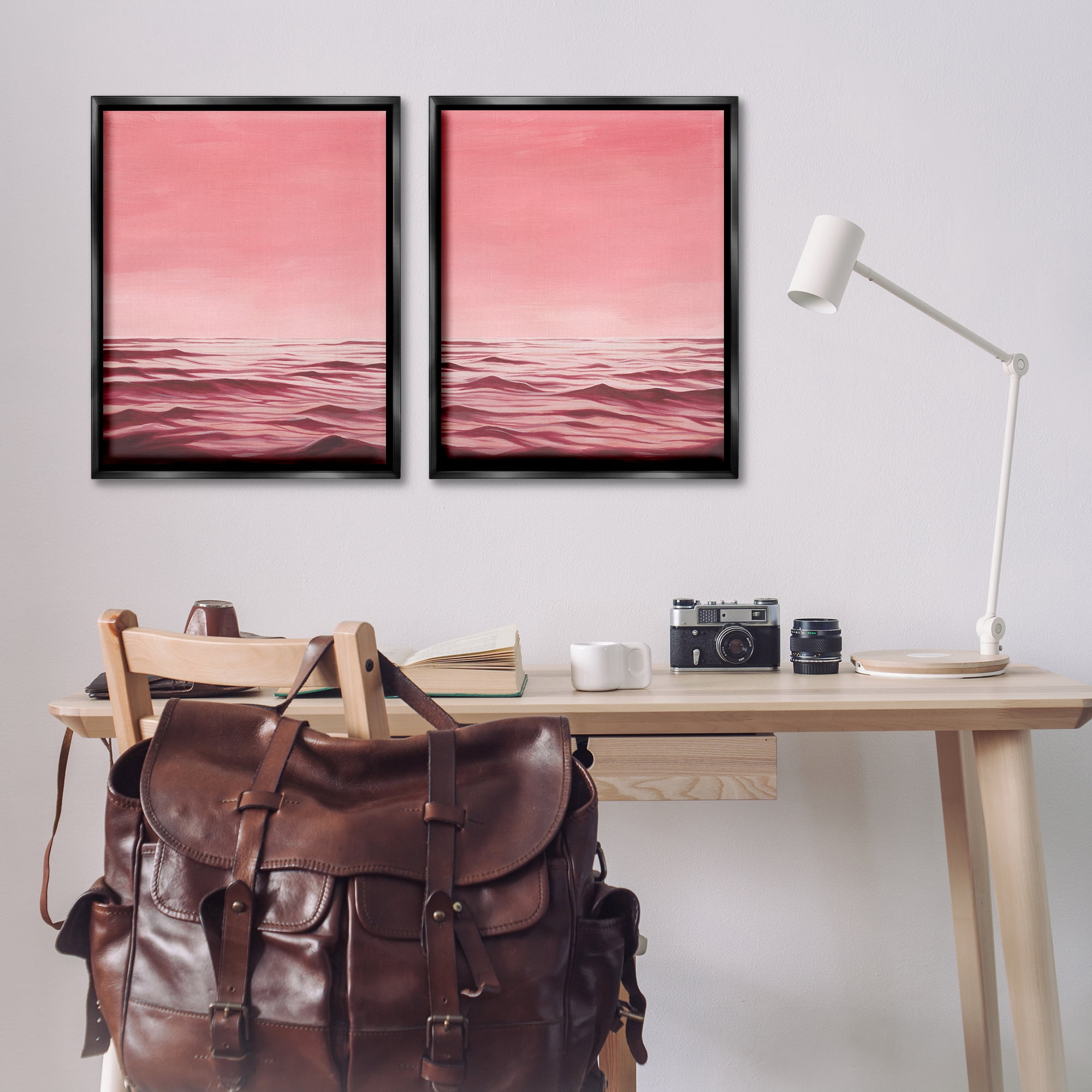 Stupell Industries Pink Calm Seascape Nautical & Beach Painting Black Floater Framed Canvas Art Print Wall Art, 31 x 25, Set of 2