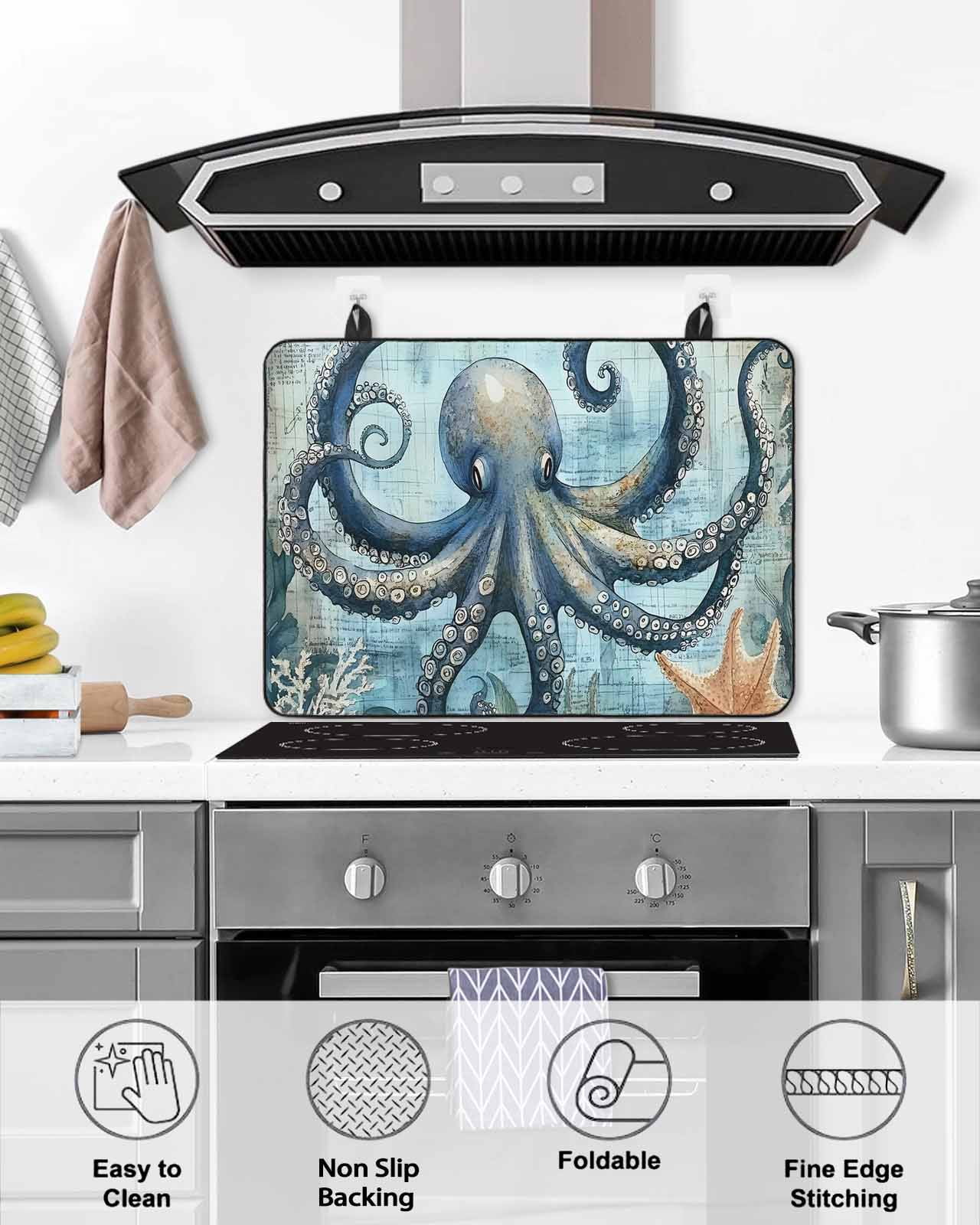 nqOlkjepod Large Induction Cooktop Protector Mat 31"x24", Ocean Octopus Stove Top Covers for Electric Stove, Vintage Coastal Watercolor Starfish Coral Stove Burner Cover Mats, Glass Top Stove Cover