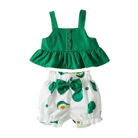 

jaweiw Toddler Girls 2Pcs Outfits Set Solid Color Ruffles Sleeveless Short Tops + Elastic Waist Avocado Printed Bow Decor Shorts 6 12 18 24 Month 3 4 Years