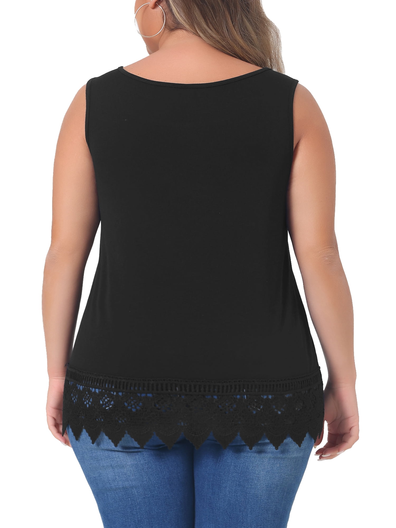 DARING DIVA Women's Plus Tank Tops Round Neck Swing Lace Panel Flowy Tops 2X Black