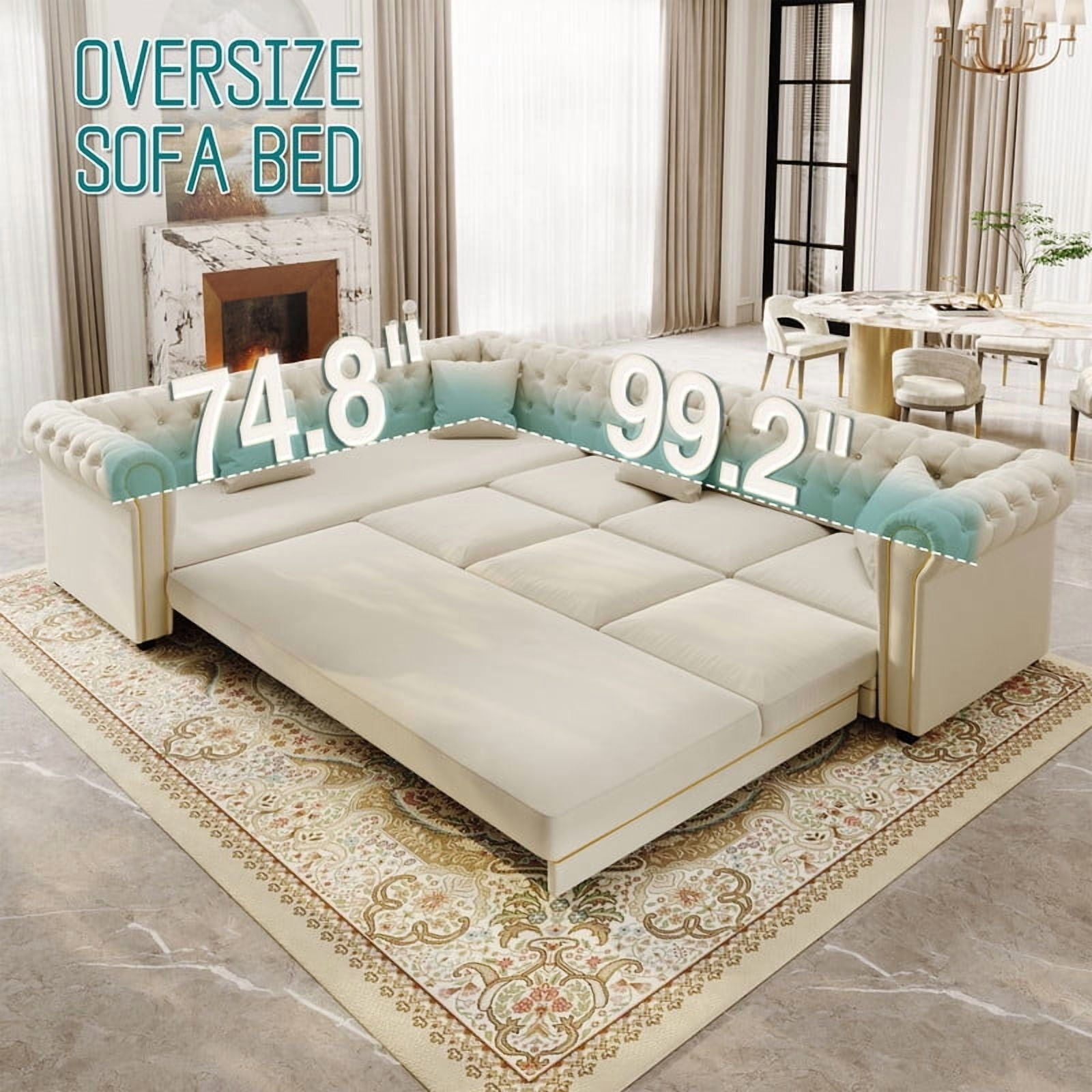 L-Shaped Chesterfield Sectional Sofa Set with Pull-Out Bed, Oversize Convertible Sleeper Sofa, Button Tufted Large Couch