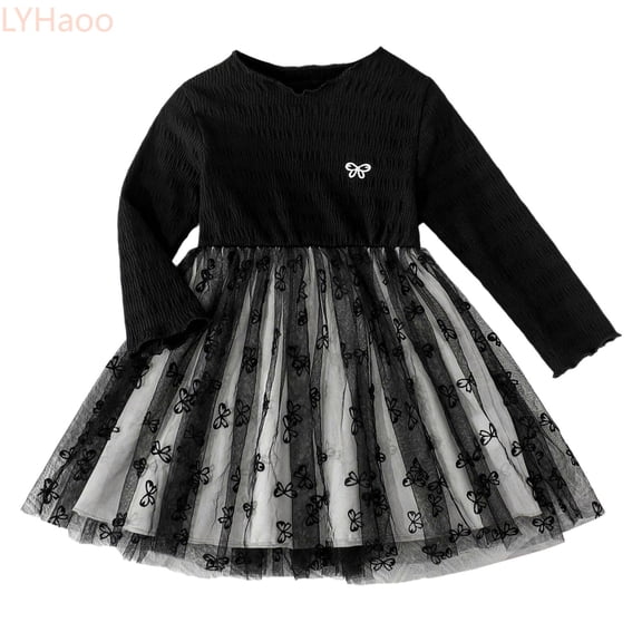 LYHaoo Girls Dresses Long Sleeve Dress With Bow Print Party Dress For Baby Toddler Casual School Beach Outfit,Girls Casual Dresses Sizes 9-12 Months Black