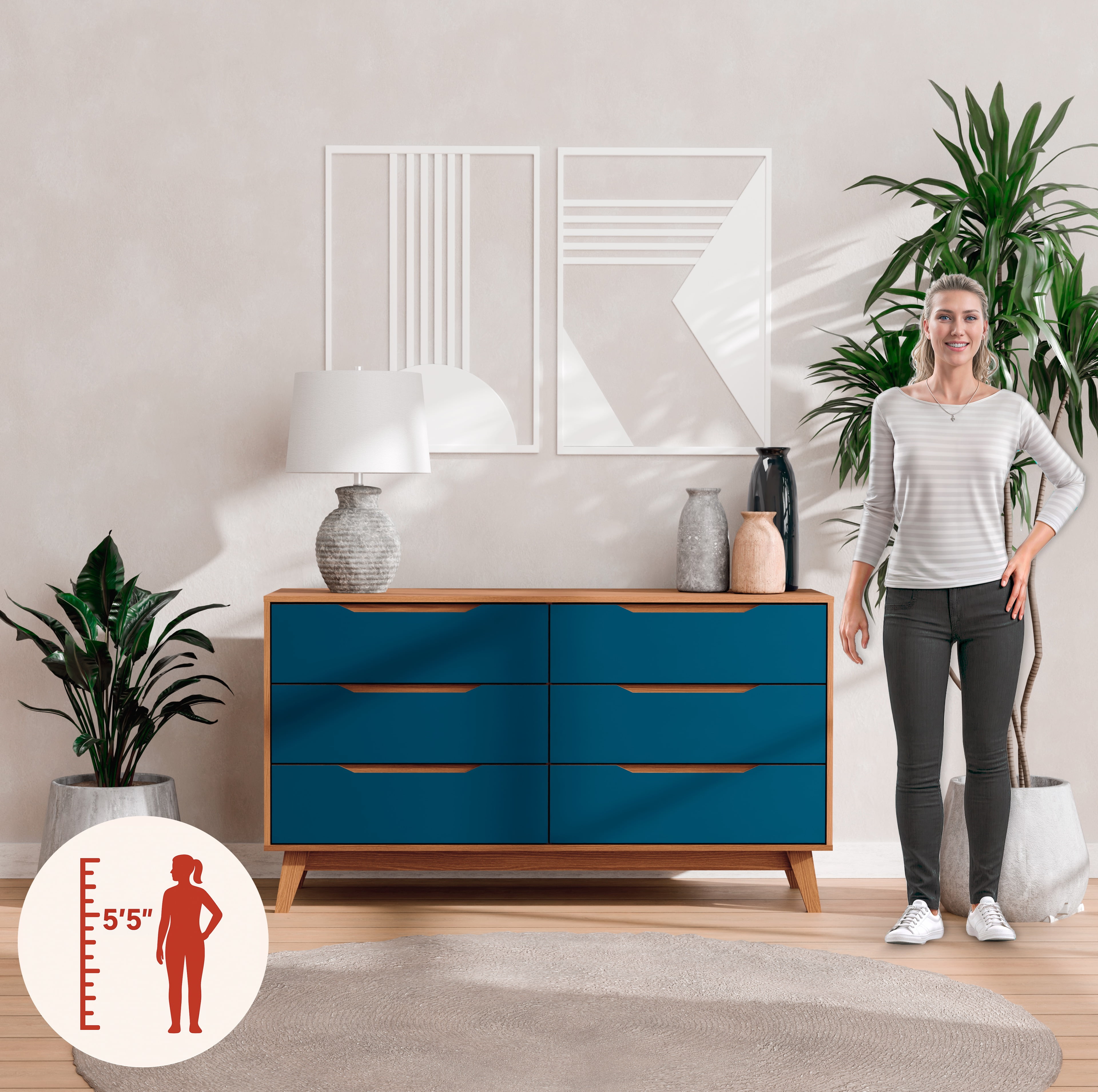 Kappesberg Rio 6-Drawer Dresser with Built-in Handles and Telescopic Slides - Golden Oak/Blue  - for Adults and Teens