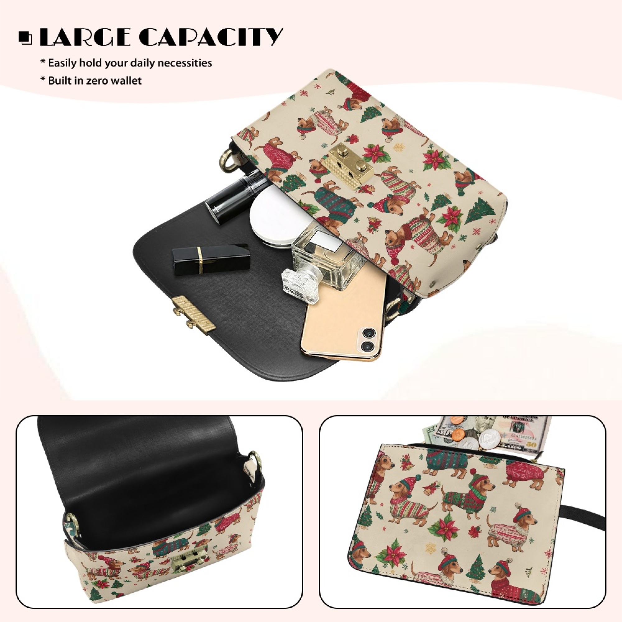 TSOVTHRID Dachshund Dog Christmas Tree Print Crossbody Bags for Women PU Leather Crossbody Handbags Purses Christmas Crossover Shoulder Bag with Chain Strap