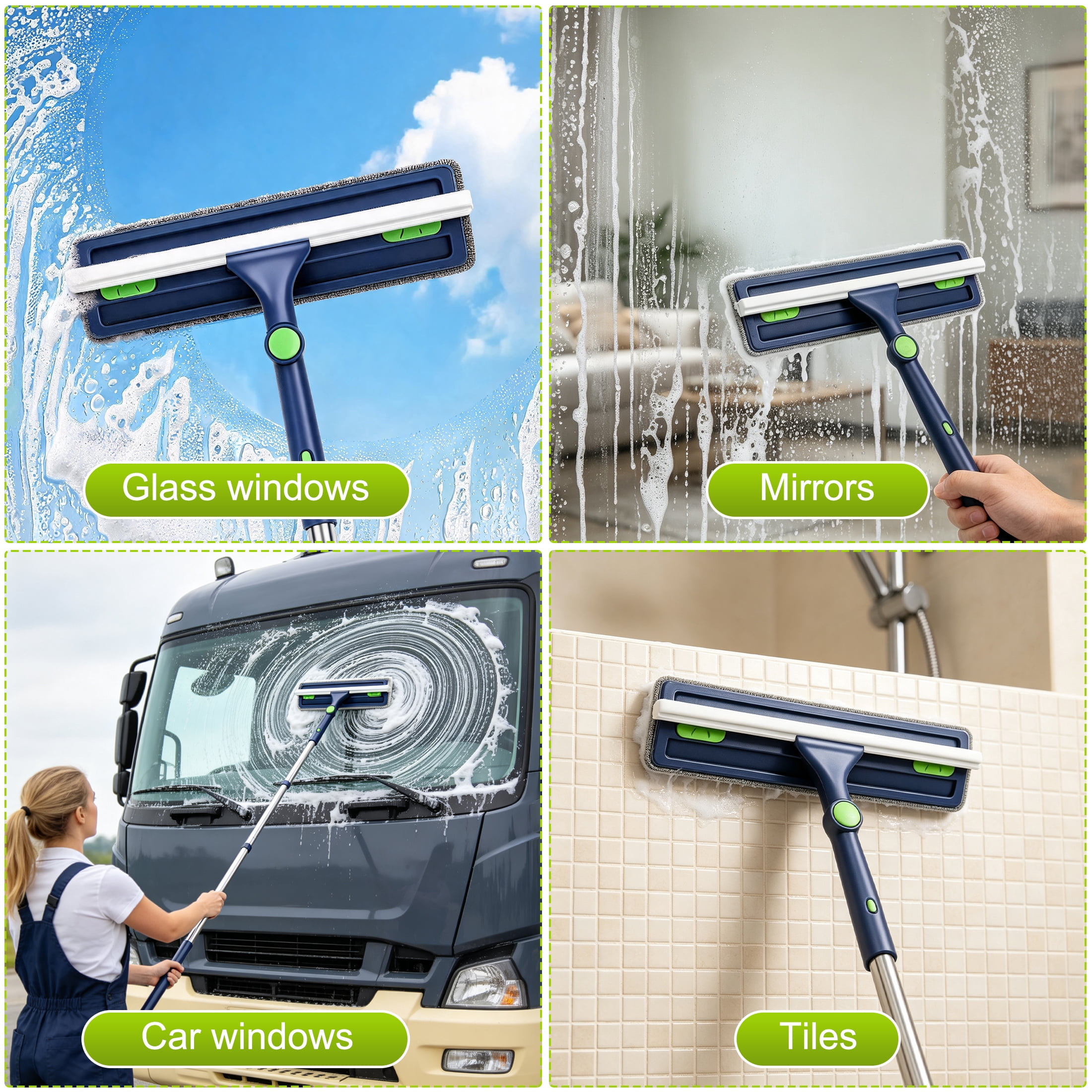 GARITIN Window Squeegee Cleaner with Extendable Pole, Microfiber Window Washing Tool for Glass, Mirror, Car Windshield