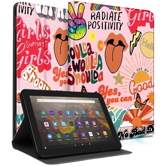 Wazzasoft Kindle Fire HD 8/8 Plus Tablet Case, 10th/12th Gen Folio Cover for Women Girls, Unique Quotes, Adjustable Angle, Auto Sleep/Wake, Durable PU Leather, Slim Fit