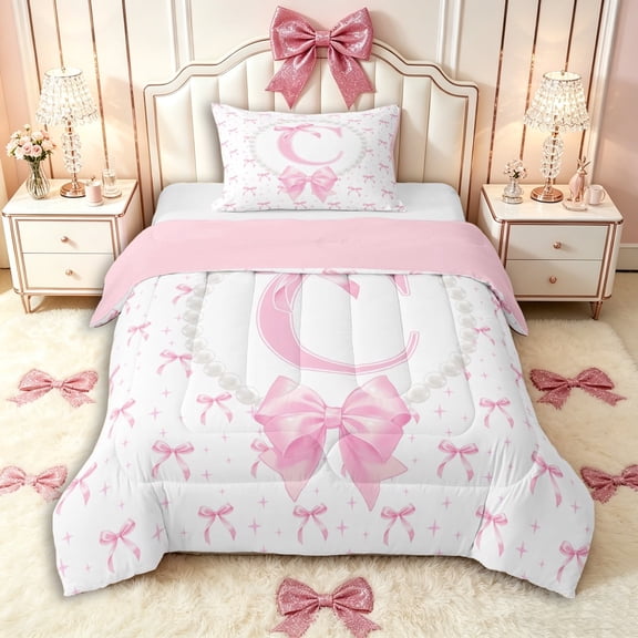 Manfei Ribbon Bow Tie Letter C Monogrammed Twin Comforter Sets 3-Piece for Teens Girls,Kids Cute Bowknot Pearl Bedding Set,Pink Reversible,Super Cozy Room Decor