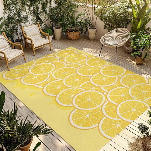 Yellow Lemon Outdoor Rug for Patio/Deck/Porch, Non-Slip Large Area Rug 4 x 6 Ft, Summer Botanical Watercolor Modern Art Indoor Outdoor Rugs Washable Area Rugs, Reversible Camping Rug Carpet Runner