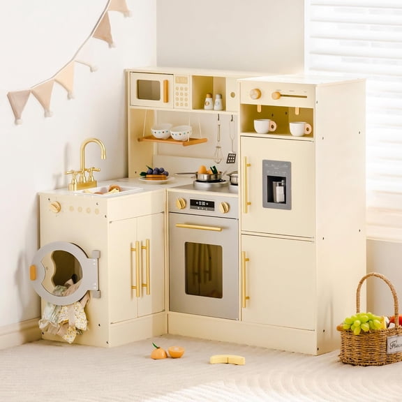 Robud Wooden Play Kitchen for Kids, L-Shaped Corner Pretend Kitchen Set with Fridge, Oven, Sink, Washing Machine & Accessories, Realistic Toy Kitchen for Toddlers Boys & Girls Ages 3