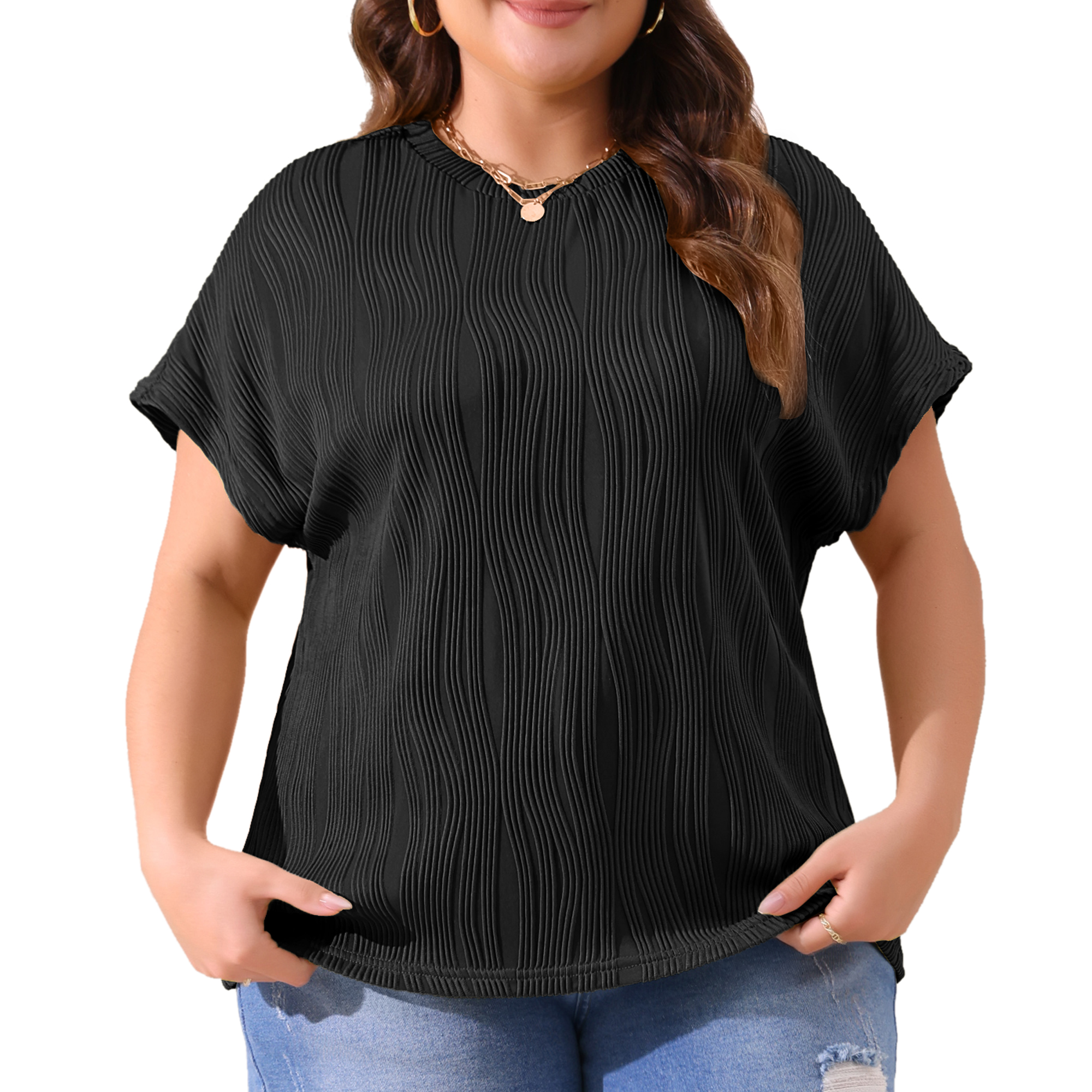 Women's Plus Women's Short Sleeve Textured Tops Crewneck Casual T Shirts 4X Black