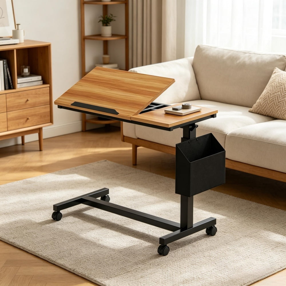 Height Adjustable C-Shaped Side Table with Tilting Top & Wheels, Mobile Laptop Overbed Table with Magazine Holder, 45 lbs Capacity for Sofa Bedroom