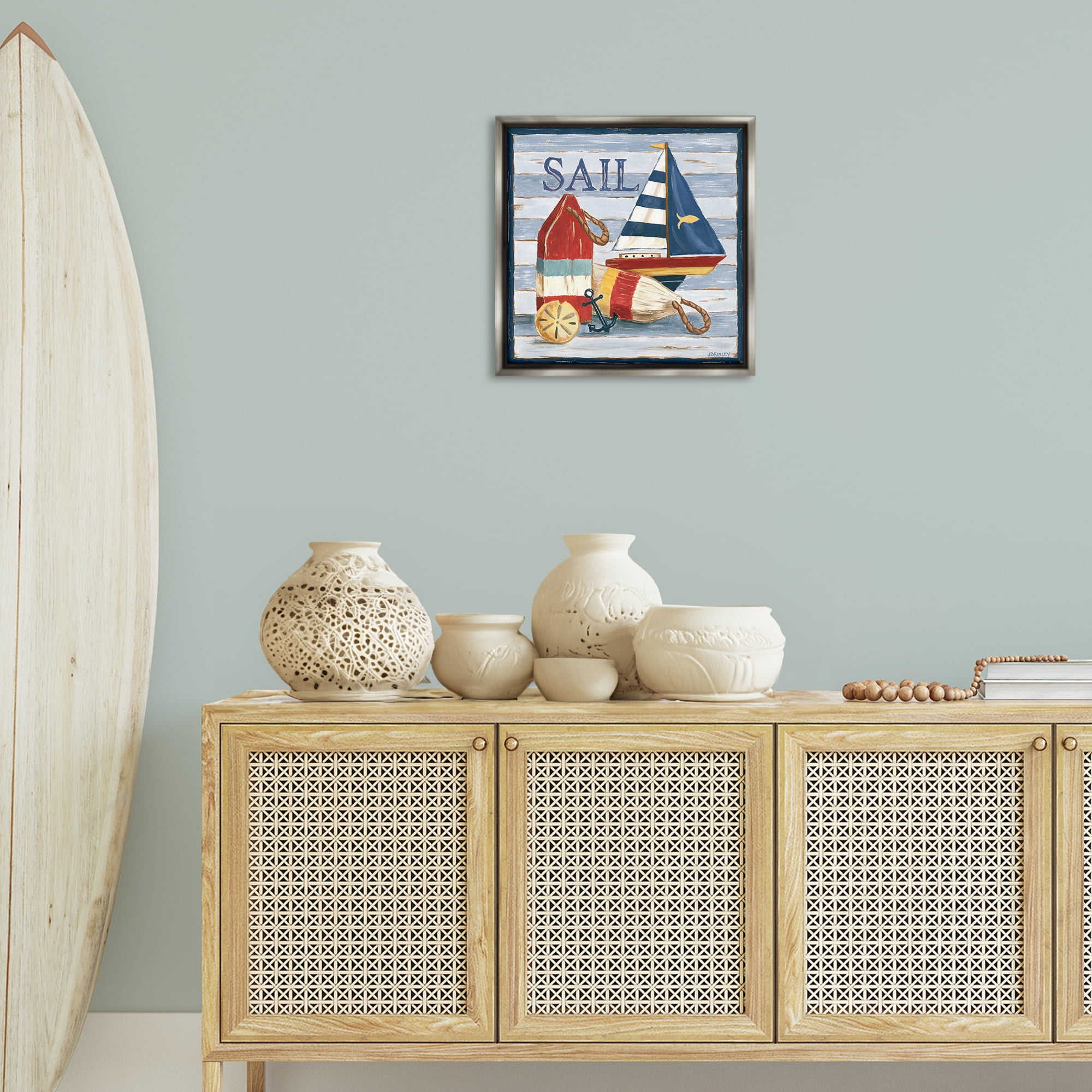 Stupell Industries Sail Boat & Buoys Nautical & Beach Painting Gray Floater Framed Canvas Art Print Wall Art, 18 x 18