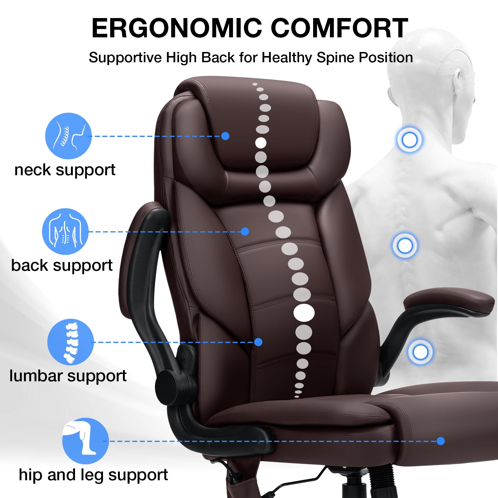 Hoffree Big and Tall Office Chair, 500LBS Executive Desk Chair with Adjustable Lumbar Support Ergonomic Computer Leather Chair with Padded Flip up Arms and Spring Cushion for Home Office