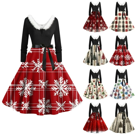 Christmas Dresses for Women Women's Casual And Fashionable Long Sleeved V-neck Print Matching Zipper Dress with Fur and Christmas Tree for Holiday Party,Beige,L