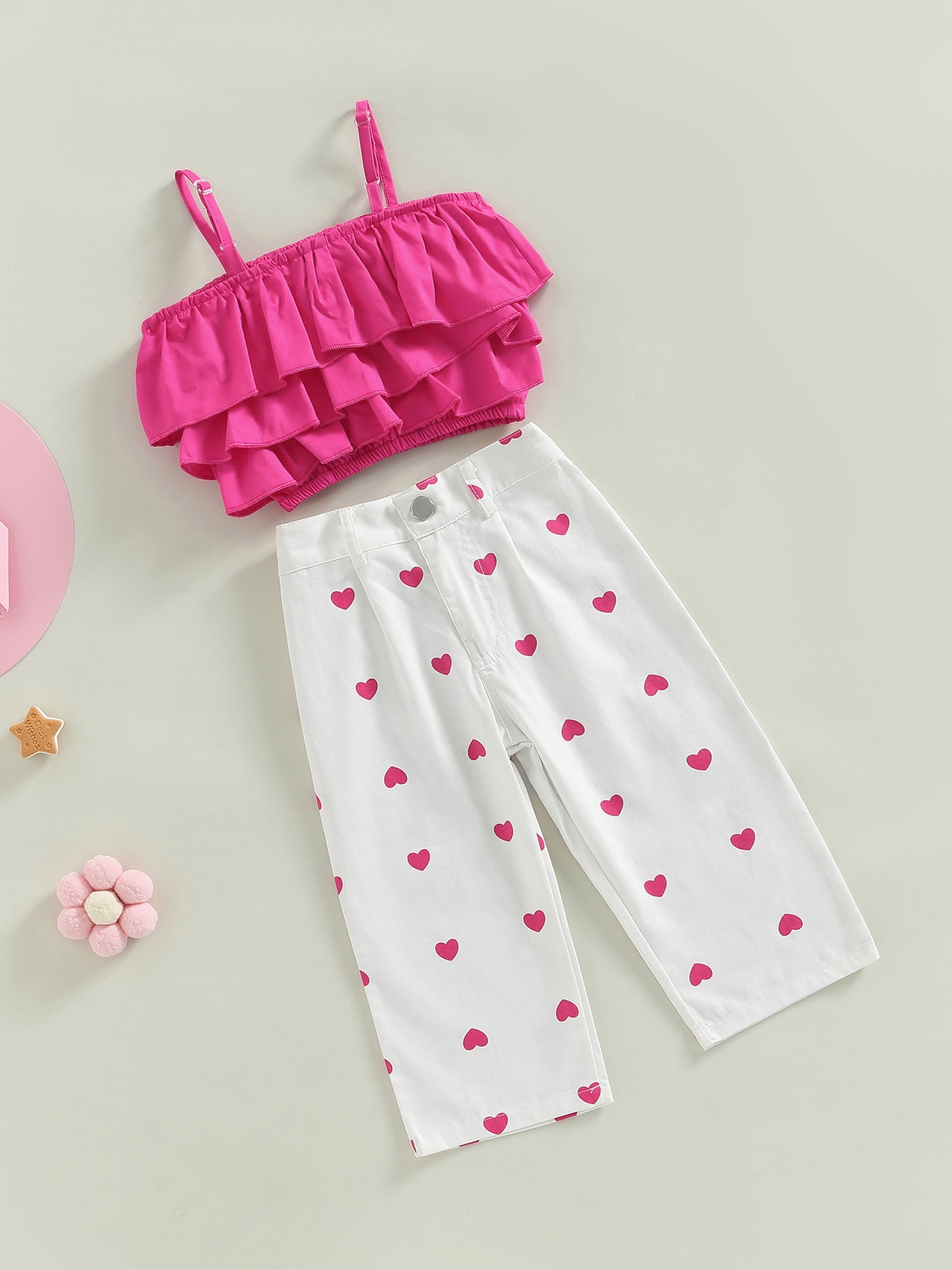 2pcs Kid Girl Heart Print Ruffled Sleeveless Tee and Irregular Capri Pants Set