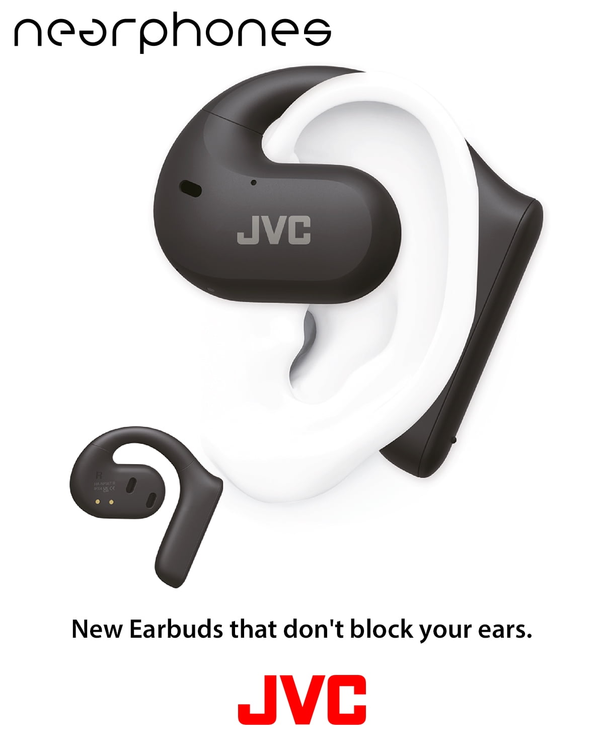 JVC Nearphones Open Ear True Wireless Headphones with 16mm Large Drivers for Powerful Sound, Single Ear use, and Long Battery Life (up to 17 Hours) - HANP35TB (Black)
